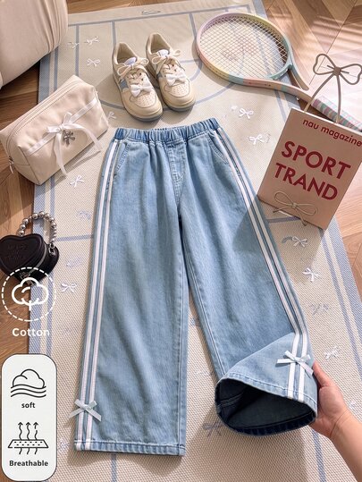 Big Girls' American Retro Back-To-School Season Casual High-Waisted Wide-Leg Blue Washed Pants, Autumn/Winter Casual High-Waisted Wide-Leg Long Blue Loose Pants, Casual Daily Wear, White Double Stripe Bow Design