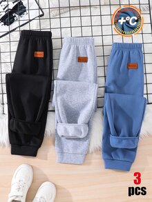 SHEIN 3件組兒童青少年男孩休閒百搭運動長褲，麻灰色、霧藍色、黑色，保暖內裡加厚，適合通勤、上學、日常休閒、外出、運動，秋冬款 - 彩色 - 查看 6