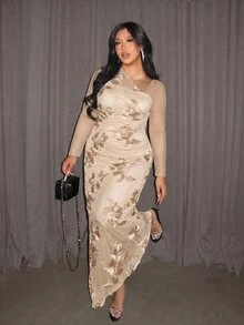 Firerie 大尺碼女款優雅極簡精緻時尚日常基礎Ins風專業辦公職場通勤網紅音樂節刺繡彈性網紗不對稱領抓皺修身顯瘦長袖長洋裝 - 杏色 - 查看 3