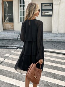 Serisse Women's Solid Color Round Neck Lantern Sleeve Patchwork Ruffle Hem Elegant Dress - Black - View 2