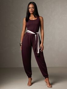 Hauture Women's Sexy Casual Contrast Dark Purple Tie-Up Sweatsuit Jumpsuit, Office Wear, Business Casual, Going Out Brunch, Traveling Summer - Burgundy - View 4