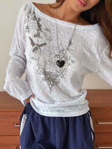 DAZY White Cold Shoulder Printed Pattern Loose Thin Long Sleeve Casual Y2k Daily Wear Contrast Color T-Shirt Top Fall Graphic Tees Everyday Going Out - White - View 5