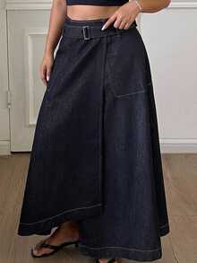 Dazy Plus Cotton High Waist Dark Wash Blue Solid Color Tie Waist A-Line Full Skirt Patchwork Denim Skirt - Dark Wash - View 4