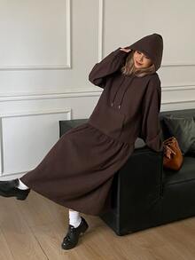 DAZY Dark Brown Hooded Drawstring Long Sleeve Patchwork Loose Fit Casual Mid-Length Dress, Versatile For Autumn/Winter - Brown - View 8