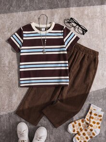 SHEIN Kids Young Boy Striped Crew Neck Short Sleeve T-Shirt And Long Pants Casual Set - Multicolor - View 4