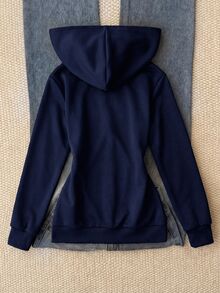 青少年女孩休閒運動風灰色小馬刺繡裝飾連帽開襟運動衫 - 藍色 - 查看 2