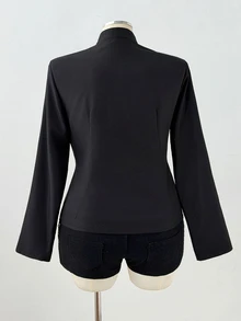 Sunspun Plus Size Dark Style Eyelet Webbing Patchwork Open Front Zipper Long Sleeve Shirt Fall - Black - View 3