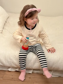Dazy Kids Baby Girl Long Sleeve Top And Striped Long Pants Casual Daily Home Sleepwear Set Fall - Black and White - View 6