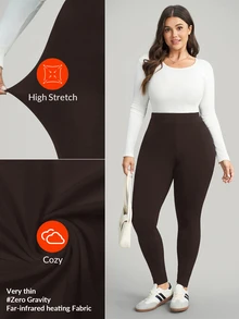 SHEIN CURVE+ 大尺碼女款休閒純色內搭褲，百搭簡約，適合上班/辦公室/健身房，秋冬保暖內搭褲 - 棕色 - 查看 8