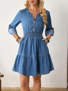 EMERY ROSE Women's V-Neck Pleated Casual Everyday Summer Denim Dress - Blue - View 9