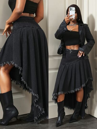 Slaydiva Women's Frayed Hem Casual Daily Denim Skirt