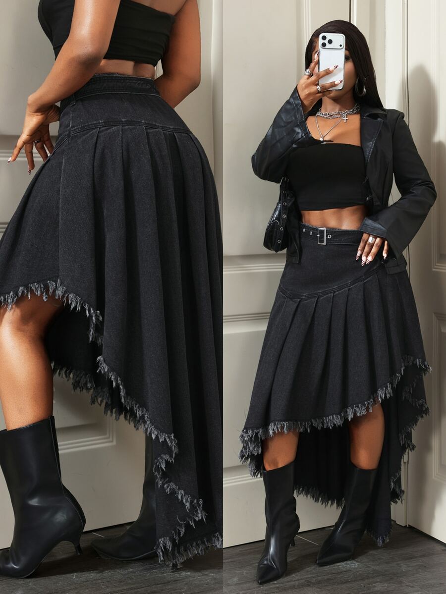 Slaydiva Women's Frayed Hem Casual Daily Denim Skirt - Black - View 1