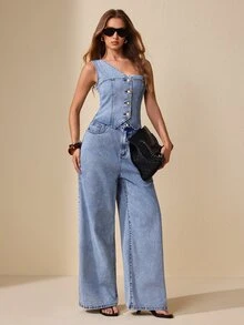 Selenza Women's One-Shoulder Wide-Leg Denim Jumpsuit - Blue - View 5