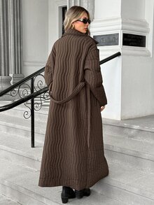 Pariaura Autumn/Winter New Minimalist Silhouette Lapel Belted Water-Wave Striped Quilted Long Padded Coat Jacket - Coffee Brown - View 2