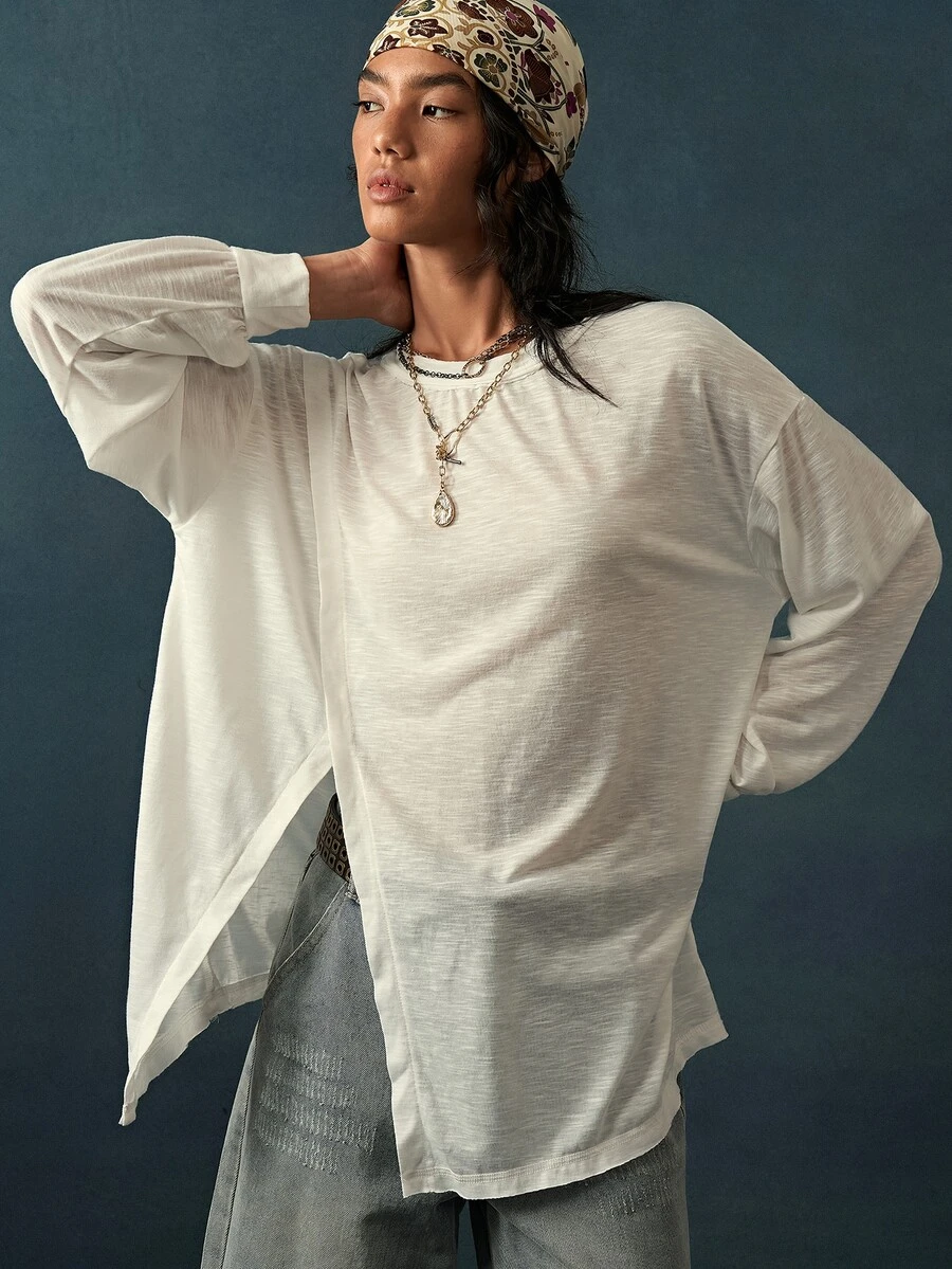 Bohemela Women's Autumn Casual Solid Color Split Hem T-Shirt - White - View 1