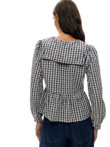 Nöista Blouse With Check Fabric, Tie On The Front In Contrast Blue Color, Balloon Sleeves And Peplum Shape, Perfect To Elevate Your Everyday  In Fall Winter - Royal Blue - View 5