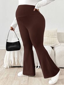 Plussiva Plus Size Maternity Casual Versatile Solid Color Flare Pants - Brown - View 6