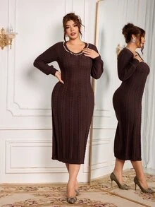 Modelyn Plus Size Women's Faux Pearl Decor Casual Daily Knit Dress - Khaki - View 5