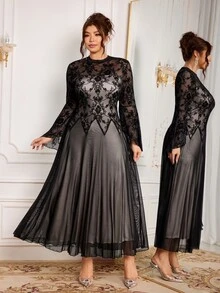 Modelyn Elegant Flocked Mesh Print Patchwork Solid Color Mock Neck Long Sleeve Cinched Waist A-Line Regular Fit Plus Size Dress For Spring And Autumn - Black - View 4