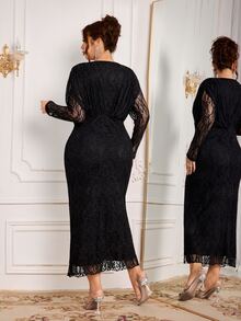Modelyn Elegant Lace Round Neck Long Sleeve Fitted Regular Fit Plus Size Dress For Spring And Autumn - Black - View 2