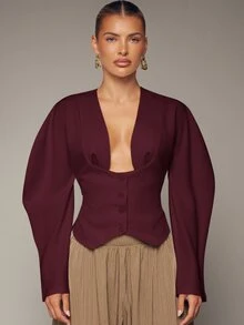 Hauture 女款深V領泡泡長袖短版上衣，單排扣不對稱下擺，收腰顯瘦法式風上衣 - 酒紅色 - 查看 4