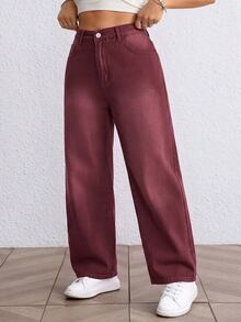 Jeanoix Y2K Plus Size Women Non-Stretch Denim Jeans, Ancara Red Washed Design Casual Fashion Straight Leg Denim Pants, Cowboy For Women - Red - View 5