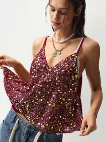 Bohemela 女款精緻亮片細肩帶背心，適合度假、派對與酒吧場合 - 酒紅色 - 查看 2