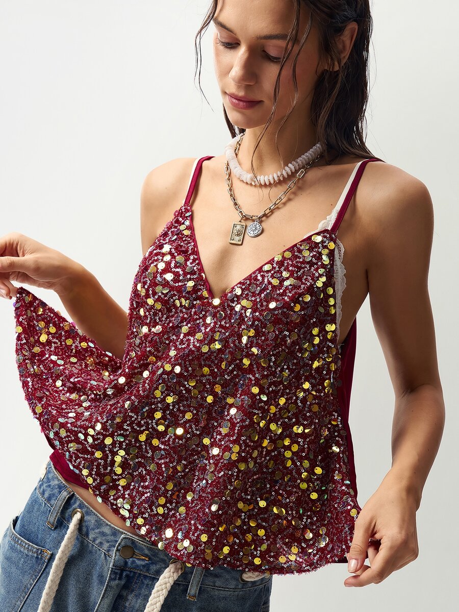 Bohemela Women's Exquisite Sequin Camisole Tank Top For Vacation, Party And Bar - Burgundy - View 1