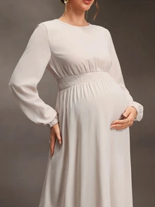 Cheriluna Maternity Maternity-D Women's White Round Neck Long Sleeve Waist-Cinching Long Maternity Dress, Spring/Autumn Fall Photoshoot Baby Shower Elegant Chic - Apricot - View 4