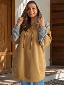 EMERY ROSE Plus Size Colorblock Waffle Knit Drawstring Hooded Long Sleeve Sweatshirt Casual Streetwear Fall Winter 2026 Holiday Beach - Multicolor - View 7