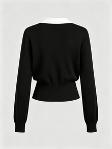 Sweetra Black & White Contrast Color Lapel Casual Fashion Commute Modern Elegant Charming Knit Cardigan For Women - Black and White - View 2