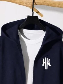 SHEIN 青少年男孩極簡街頭風秋冬休閒日常穿著校園拉鍊連帽衛衣 - 藏蓝色 - 查看 4