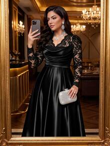 Auveirra Plus Size Women's Lace Patchwork Pleated Elegant Waist-Cinching Party Dress Fall - Black - View 8