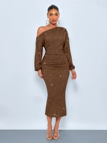 SOLERSUN Sexy Elegant Commuter Women's Asymmetrical Shoulder Shiny Dress Coffee Brown Autumn/Winter Cocktail Night Out - Brown - View 4