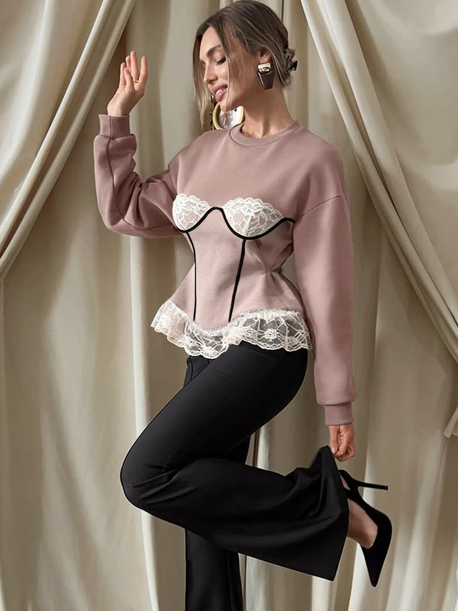 Cévolie Autumn Sweet & Cool Minimalist Sexy Style Lace Patchwork Back Tie Waist Sweatshirt, Gray & Pink Colorblock Trim, Slimming Ruffle Hem, For Daily, Dating, Commuting - Multicolor - View 1