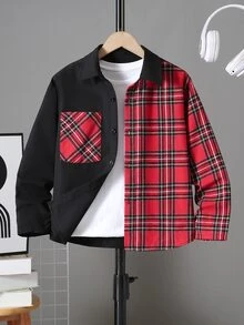 SHEIN Kids Tween Boy Casual Daily Comfortable Patchwork Plaid Lapel Loose Long Sleeve Woven Button-Down Shirt Suitable For Christmas And Christmas Party - Red - View 4