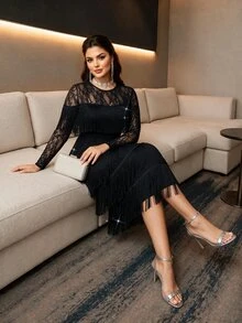 SHEIN Lady Plus Size Women's Contrast Lace Round Neck Long Sleeve Multi-Layer Tassel Design Elegant Dress Fall - Black - View 9