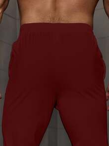 Manfinity CasualCool 男士休閒百搭純色抽繩腰長褲 - 紅色 - 查看 4