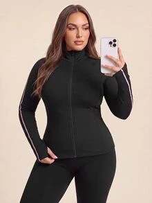 Gameset SHEIN Sport Women's Plus Size Solid Color Casual Alternative Daily Gym Outdoor Sports Jacket Black Autumn Fall - Multicolor - View 2