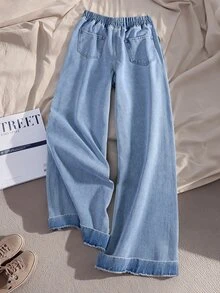 SHEIN CURVE+ Plus Size Heart Embroidery Elastic Waist Pocket Denim Jeans - Black - View 2