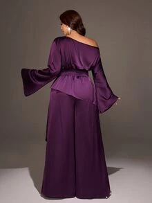 Viva Relle Plus Size Women Solid Color Asymmetric Shoulder Top And Skirt Fashion Set - Purple - View 6