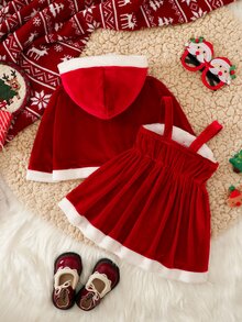 SHEIN Souflis 2pcs/Set Baby Girl Christmas Hooded Cape Shawl And Patchwork Plush Dress, Suitable For Autumn/Winter, Christmas Party Outfit - Red - View 2