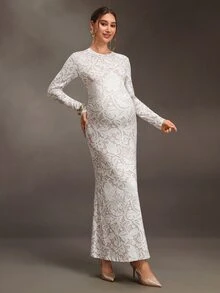Cheriluna Maternity Maternity Lace Print Round Neck Long Sleeve Fitted Elegant Dress - Multicolor - View 7