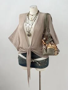 Sunspun Relaxed Tone Loose Batwing Sleeve Ribbed Hollow Out Tie-Up Shawl Knit Cardigan Fall - Apricot - View 5