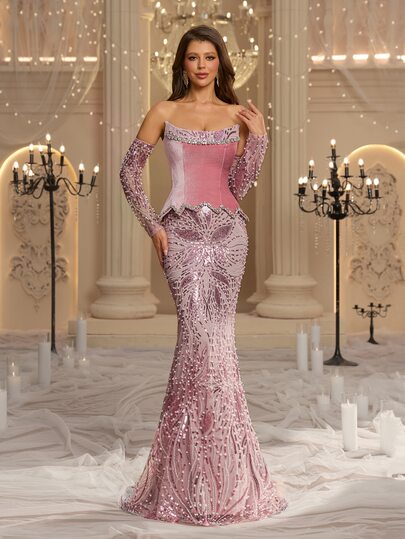 Glamrae Đầm ôm body tôn dáng nữ sang trọng thanh lịch, hở vai, cổ thuyền, tay dài, vải dệt phối nhung, đính đá rhinestone, eo rủ, đầm dạ hội trang trọng nhẹ nhàng bằng lưới