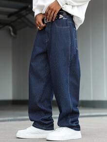 Manfinity Homme Quần jeans ống rộng sọc xanh size lớn phong cách streetwear casual cho nam - Rửa tối - Xem 4