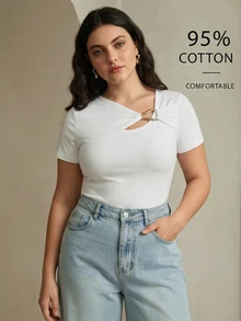 Anewsta Plus Size Women's Solid Color Metal Decor Casual Daily T-Shirt - White - View 6