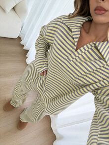 Siren Gaze 舒適女款條紋長袖居家服套裝 睡衣兩件式時尚休閒穿搭 秋冬聖誕萬聖節運動風 Y2K - 彩色 - 查看 1