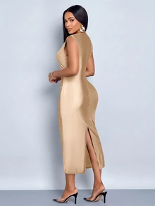 SOLERSUN Women's Elegant Sexy Champagne Asymmetrical One Shoulder Midi Dress Side Ruched Slim Bodycon Evening Dress Party Night Out Summer - Khaki - View 3
