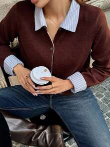 Dazy Plus Colorblock Patchwork Shirt Collar Fashion Casual Cardigan Sweater, Autumn/Winter Plus Size Women's Open Front - Burgundy - View 5